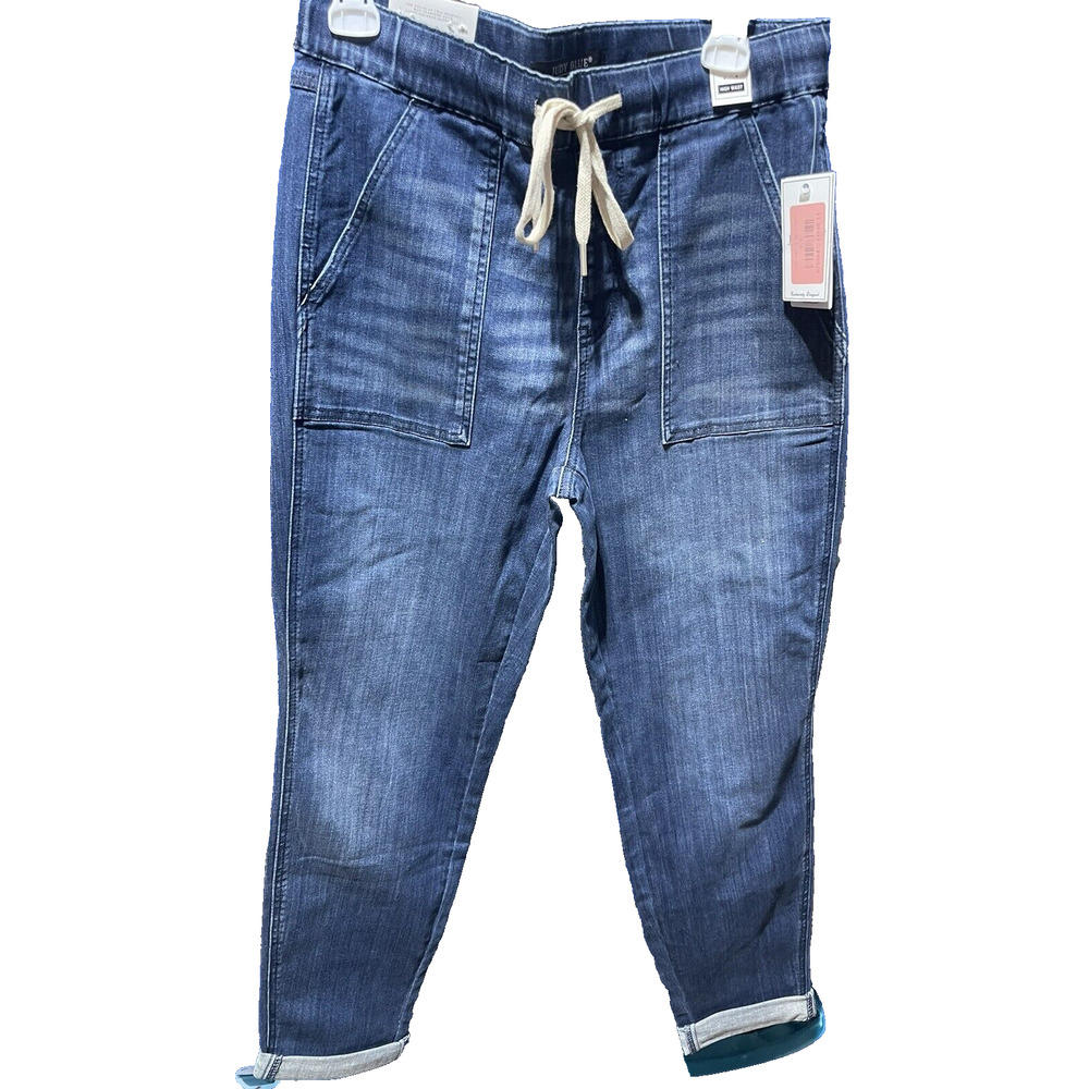 Judy Blue Jeans High Waist Double Cuff Medium Wash Drawstring Jogger Stretch 11